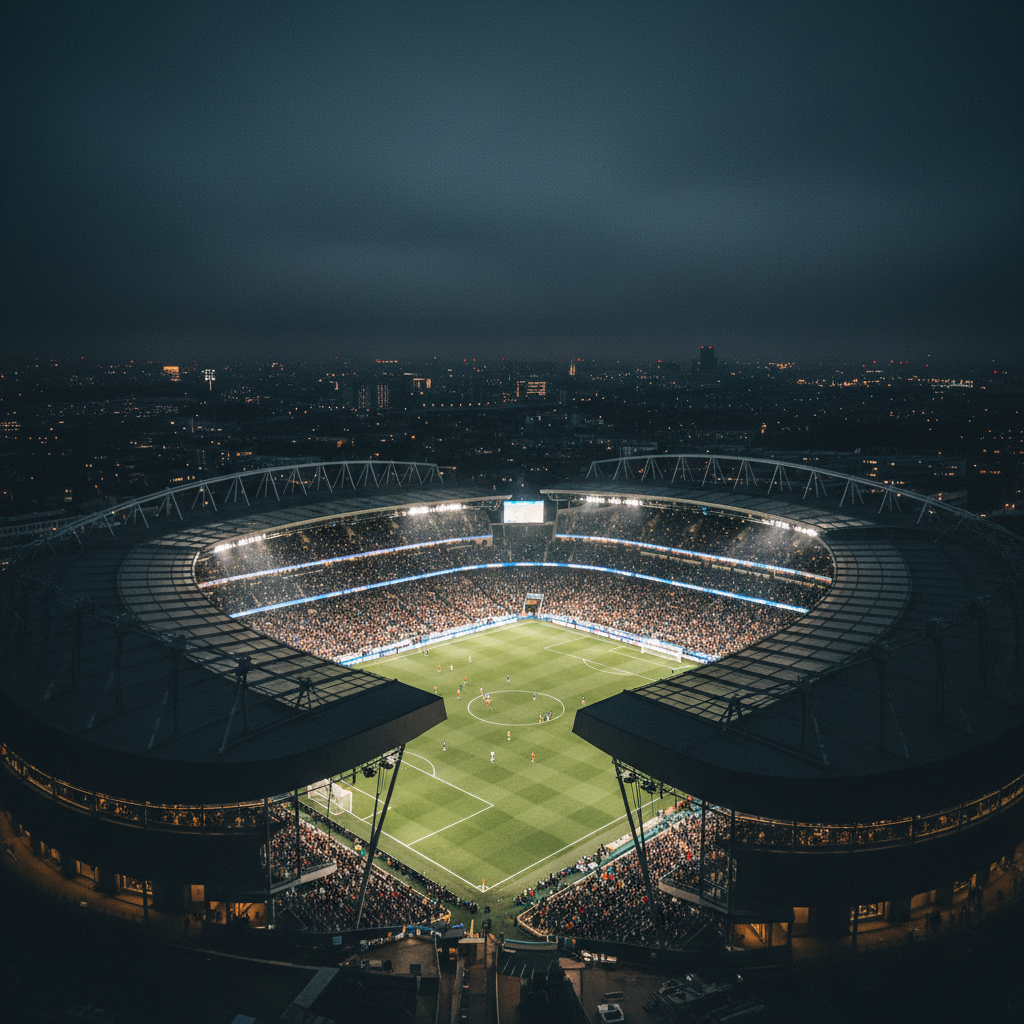 Tottenham Hotspur Stadium đêm Champions League ánh đèn rực rỡ và sự sụp đổ Premier League 2025-26